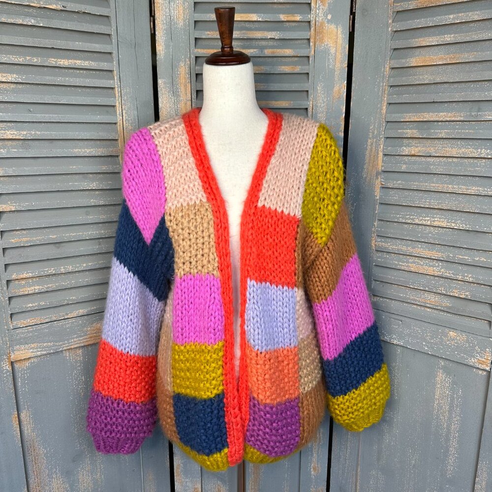 Saachi Rainbow Patchwork Chunky Knit Open Cardiga… - image 3